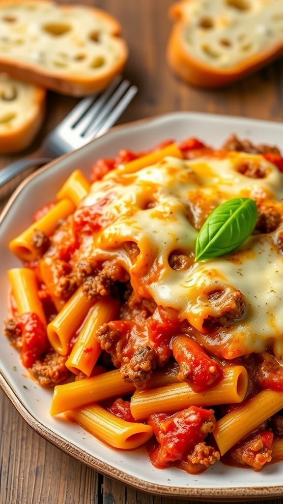 Cheesy hamburger ziti bake with ground beef, marinara sauce, and melted cheese, garnished with basil on a wooden table.
